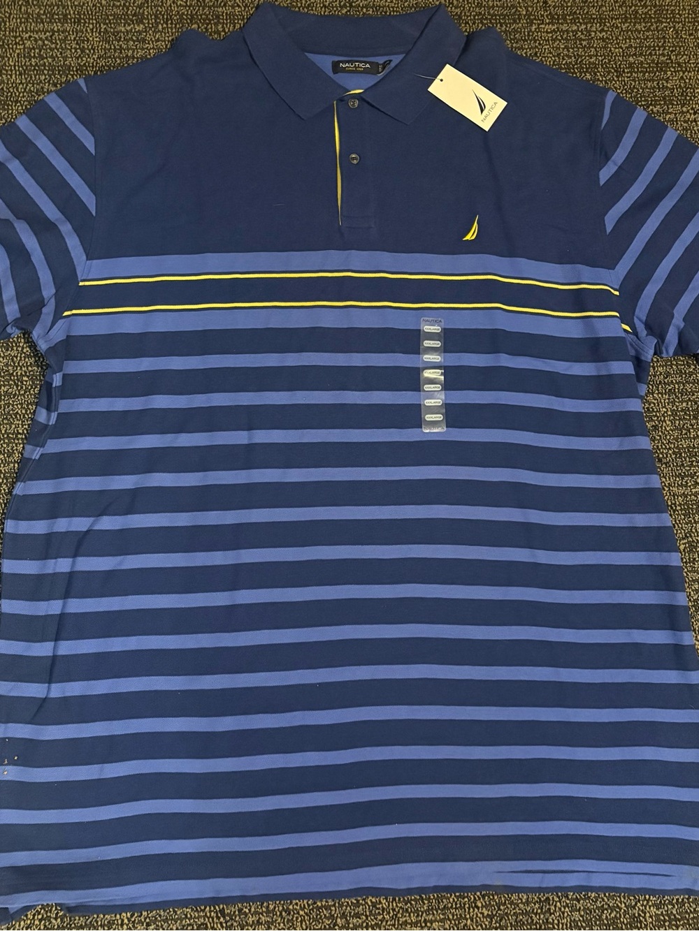 Nautica Navy and Light Blue Striped Polo with Yellow Trim